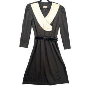 VTG Sally Lou Black Dress White Collar Fit Flare Belted Retro Midi 18 Office USA